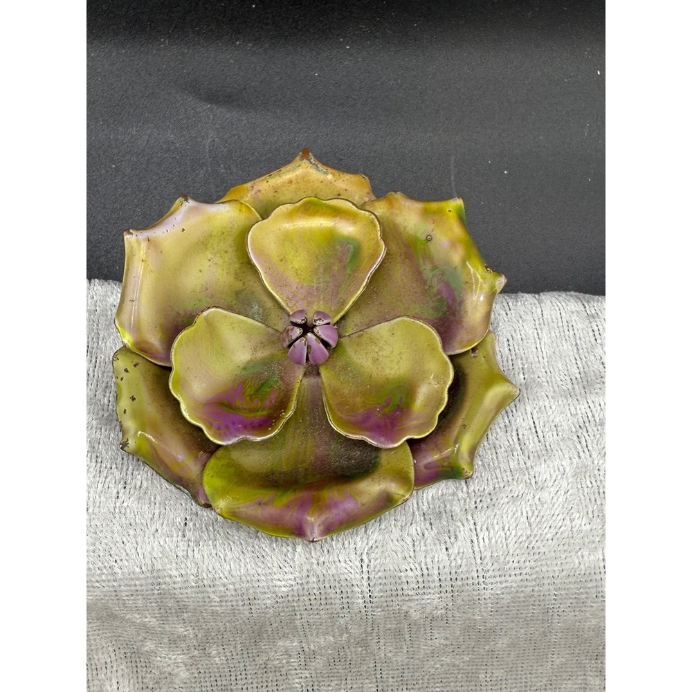 Vintage Enamel Flower Brooch Green and Purple‎ Watercolor